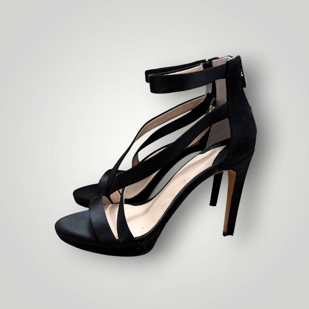 Antonio Melani Heeled Sandals Women 6.5M Black Strappy Satin Evening Stiletto